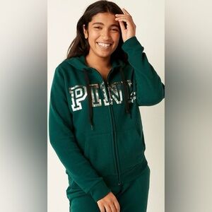 Victoria’s Secret Campus Hoodie & Sweatpants Set Green Silver Logo S/XS